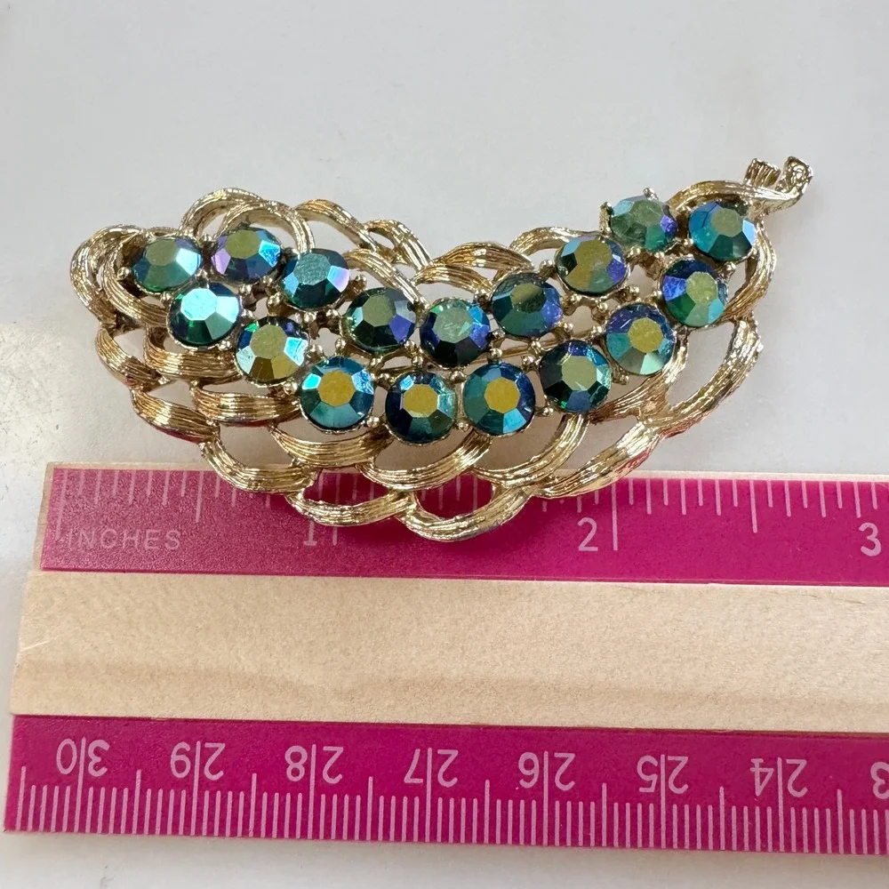 Vintage Statement‎ Brooch Pin Peacock Blue Green Aurora Borealis Rhinestones